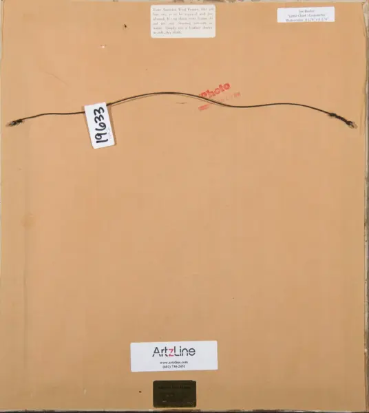 Back of a framed artwork showing the hanging wire across the top, with several labels and stamps including an Artzline sticker and a small tag.