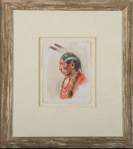 Watercolor portrait of a Native American man in profile, wearing red garments and bead jewelry, framed with a rustic wooden frame.