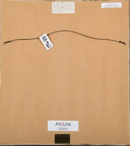 Back of a framed artwork showing a curved hanging wire across the upper area, with small labels near the top and an ArtZone sticker at the bottom edge.