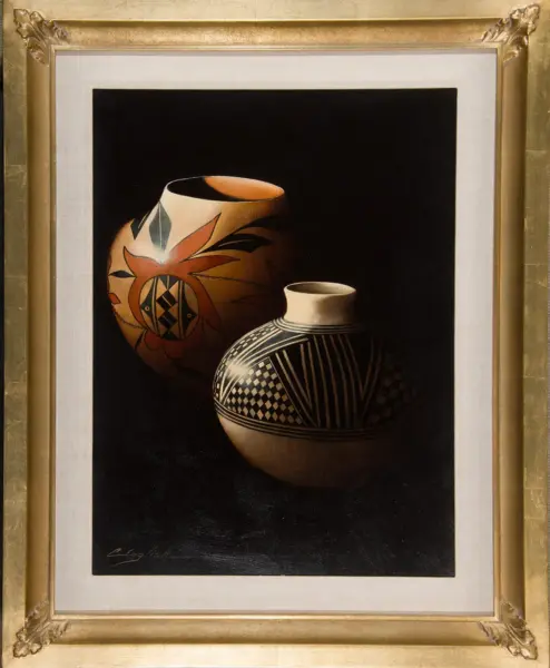 Still-life painting of two ceramic vases: an orange vase with floral motifs and a black-and-white geometric patterned vase on a dark background, framed in a gold frame.
