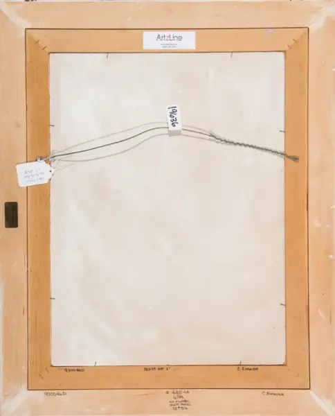 Back of a framed canvas: light wood frame, wire hanger across the back, white labels with numbers, and a small ArtLine sticker at the top center edge.