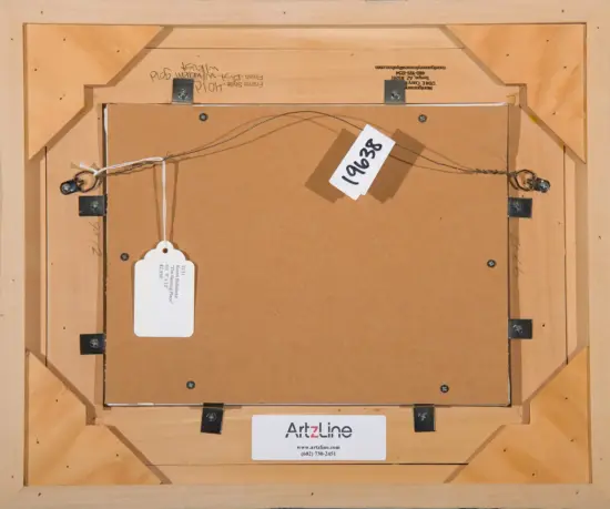Back of a framed artwork showing a wires-and-hooks hanging system, tags, and an ArtzLine label on the frame backside.