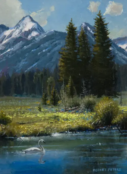 Landscape painting of a mountain valley with tall evergreen trees, blue peaks, and a calm lake in the foreground, where a white swan glides on the water.