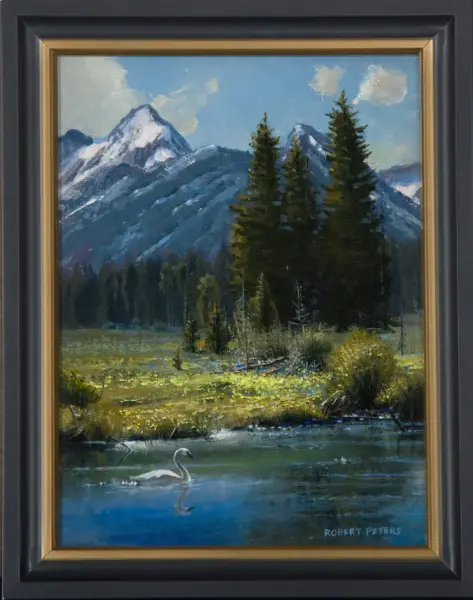 Mountain landscape painting with snow-capped peaks, evergreen forest, and a white swan on a calm lake; framed and signed by Robert Peters.