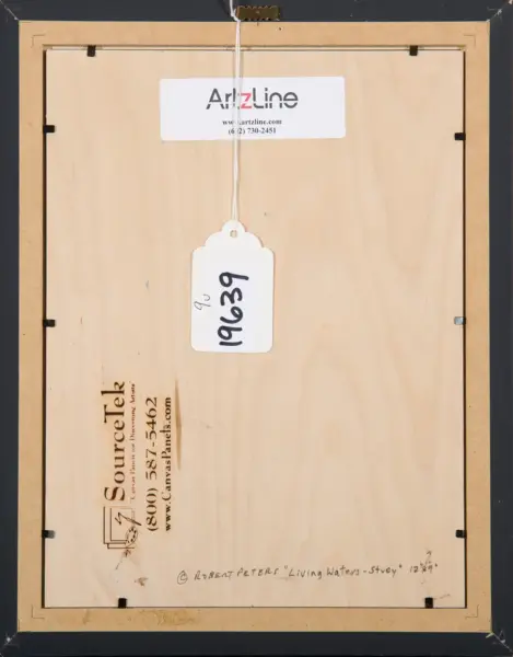 Back of a framed canvas on a wooden stretcher; a string with a white tag hangs from the top, and labels for ArizLine and Sunbelt Canvas Panels are on the wood.