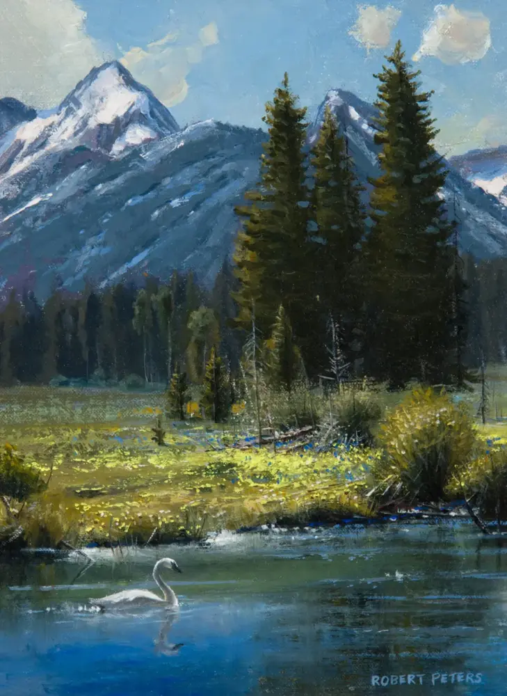 Impressionist landscape: snow-capped mountains behind a forest of evergreen trees and a calm lake with a white swan in the foreground.