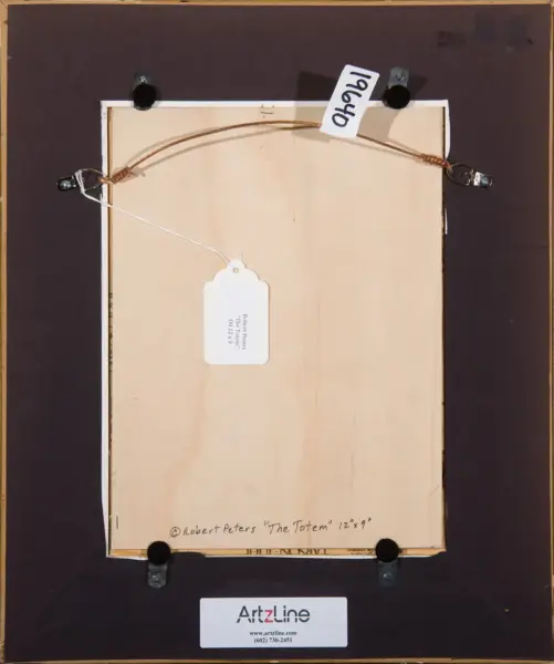 Back of a framed wooden artwork by Robert Peters titled 'The Totem' (12x9), with copper wire hanger and a white tag visible on the back.