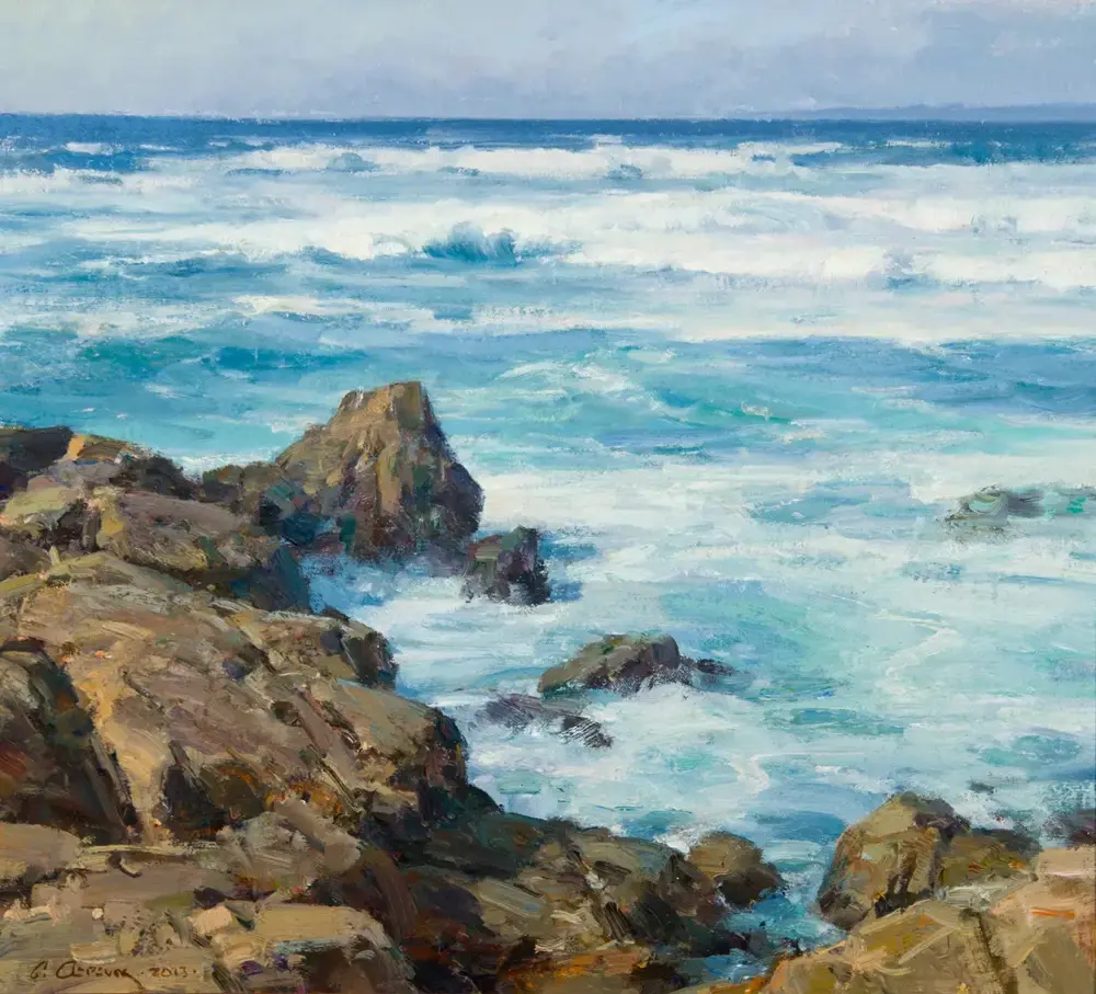 Rocky coastline with rugged rocks beside turquoise waves and whitecaps under a pale sky, in a painterly seascape.