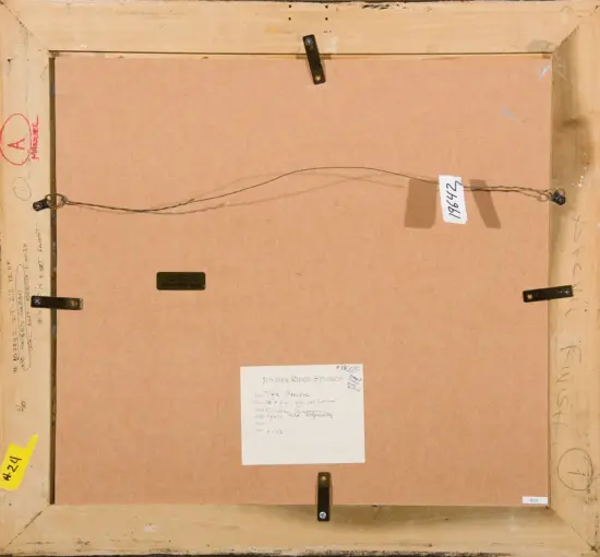 Back of a square wooden-framed painting: a twisted wire hanger spans the back with metal brackets and handwritten notes along the frame.
