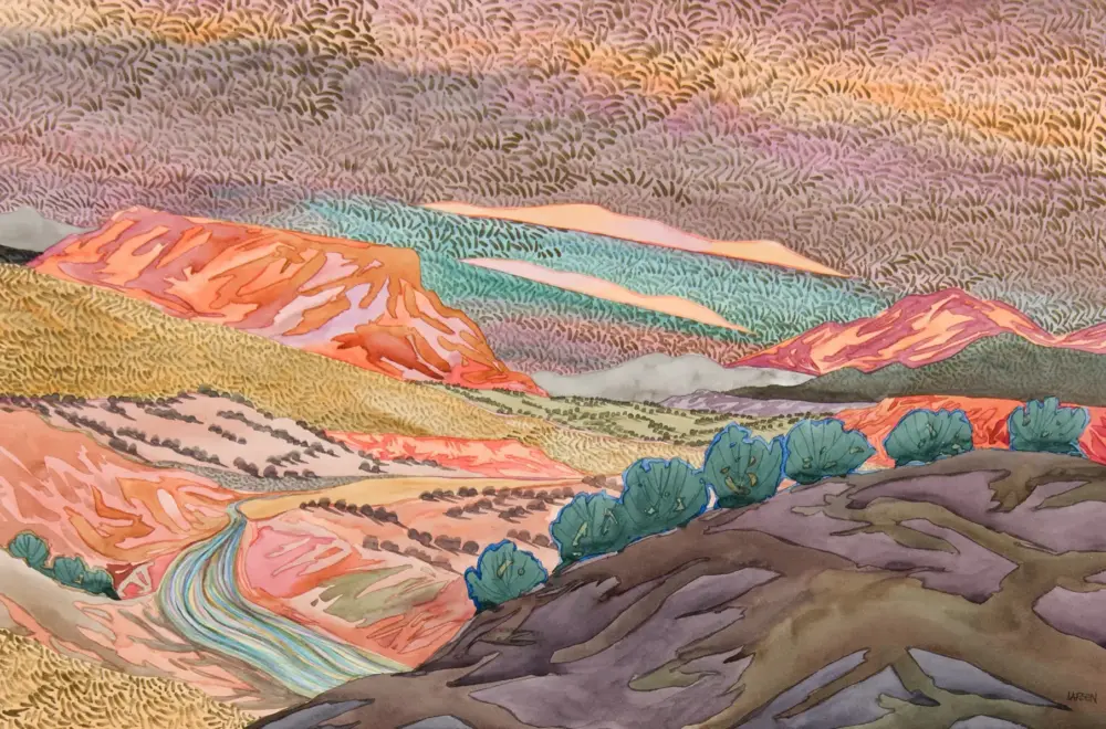 Abstract landscape painting with colorful layered hills under a patterned, pink-toned sky.