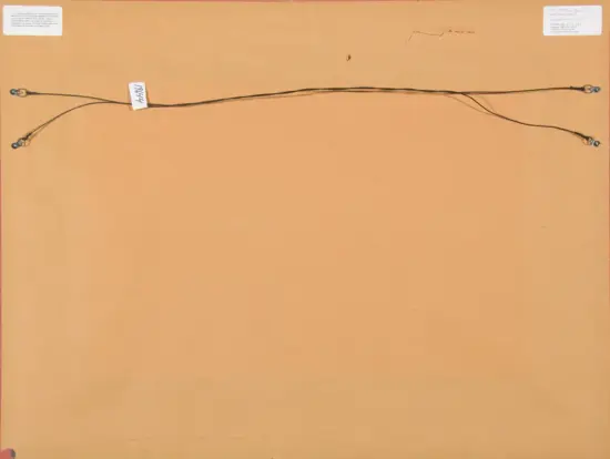 Back of a framed artwork: orange backing with two hanging wires spanning the top, metal anchors at ends, and small labels in corners.