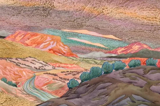 Abstract landscape painting with colorful layered hills under a patterned, pink-toned sky.