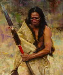 Painting of a Native American man with long dark hair, red face paint, and a fur cloak, gripping a spear with a red shaft against an abstract background.