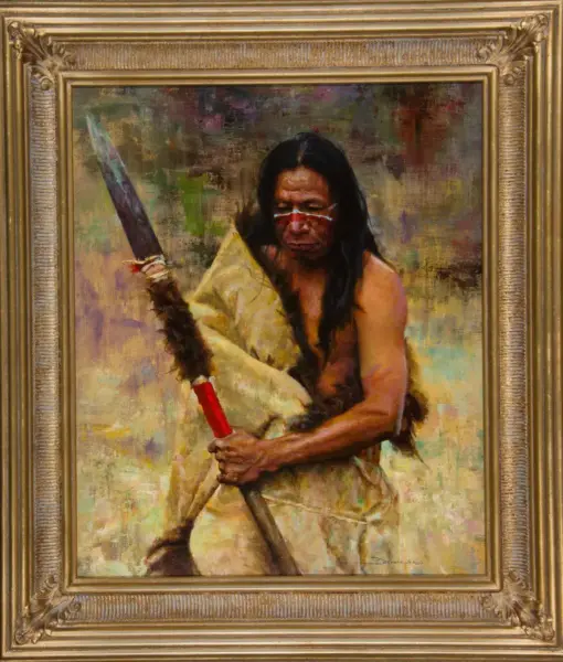 Portrait of a Native American man in traditional dress, holding a knife-wielding spear, with red-and-white face paint, framed in a gold ornate frame.