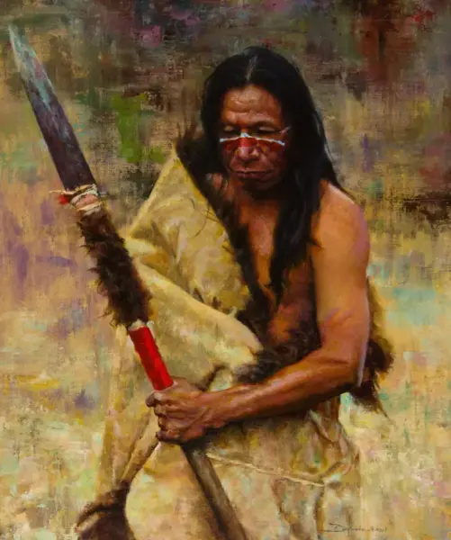 Painting of a Native American man with long dark hair, red face paint, and a fur cloak, gripping a spear with a red shaft against an abstract background.