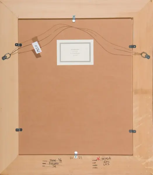 Back of a framed artwork showing a metal hanging wire, clasps, and handwritten labels on a wooden frame.