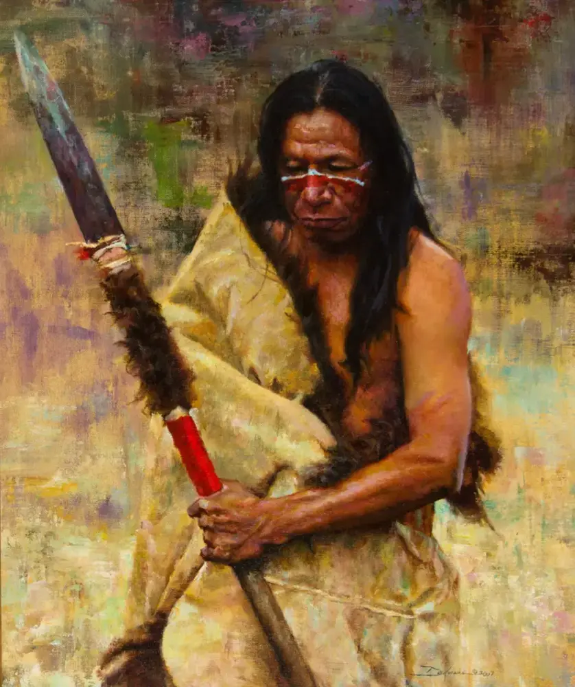 Indigenous man with long dark hair and red face paint grips a spear wrapped in fur against a textured background.