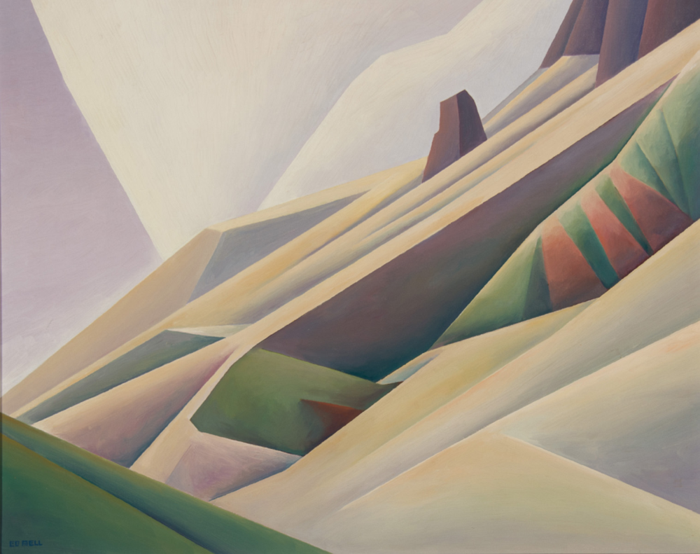 Abstract geometric landscape with overlapping pastel hills and angular ridges, suggesting a sunlit mountainside. Signed Ed Mell in the corner.