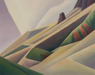 Abstract geometric landscape with angular, layered hills in pastel yellows, greens, and purples.
