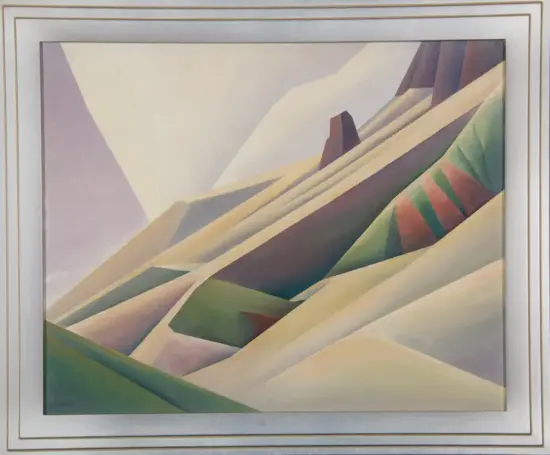 Abstract geometric mountain landscape with layered diagonal ridges in pastel greens, yellows, and purples framed by a light border