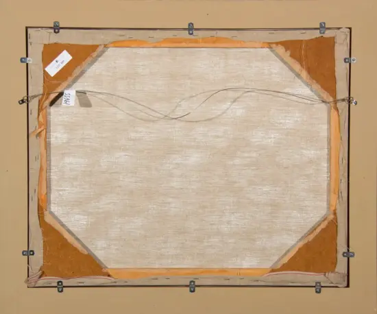 Back view of a stretched canvas on a wooden frame, showing orange/brown edge wrap, nail hardware, and hanging wire on top.