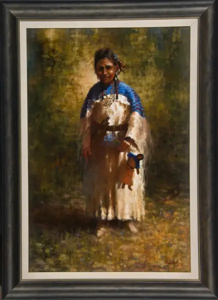 Framed painting of a Native American woman in a cream dress with a blue shawl and bead necklaces standing in a grassy outdoor setting