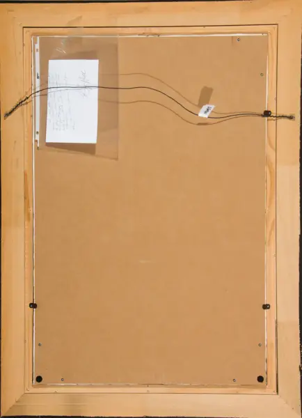 Back of a wooden-framed artwork, with brown cardboard backing, a pair of hanging wires across the frame, and a small note tucked in the corner.