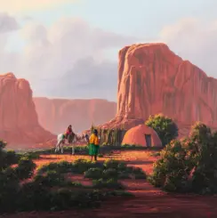 Desert scene with a tall red rock, a round hut, and two people near a white horse amid scrubby greenery at dusk.