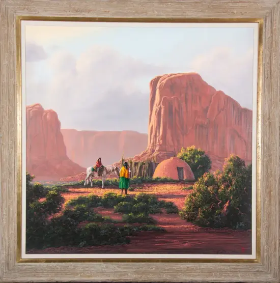 Desert scene with towering red rock formations, a small dome hut, and two people (one on a horse) near shrubs in a painted landscape.