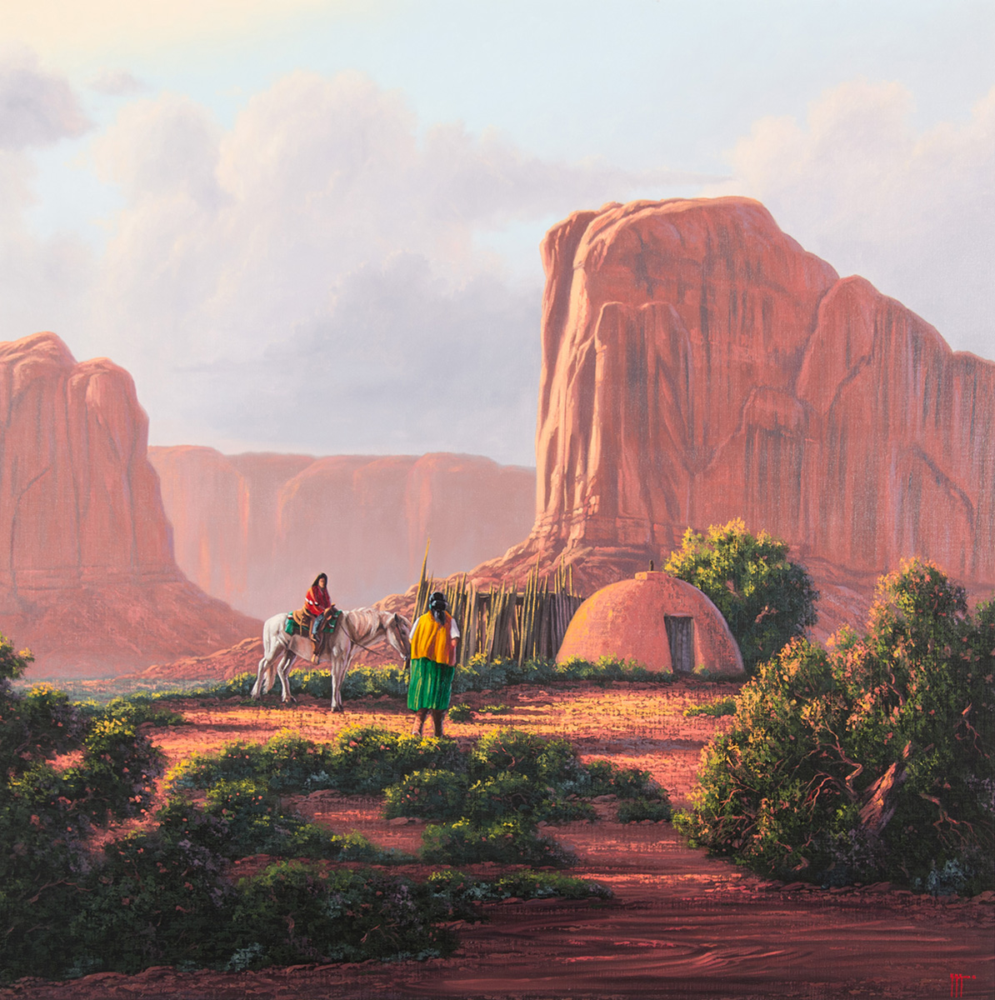 Desert landscape with towering red rock cliffs, a round mud hut, and three people—two on horses and one standing nearby.