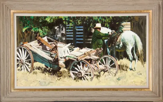 Man in a green coat and straw hat tending a white horse beside a broken wooden wagon outdoors in a rustic setting.