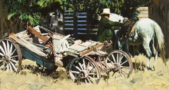Old man in a wide-brim hat standing beside a white horse hitched to a wooden cart loaded with rough-cut planks and logs in a rural scene.