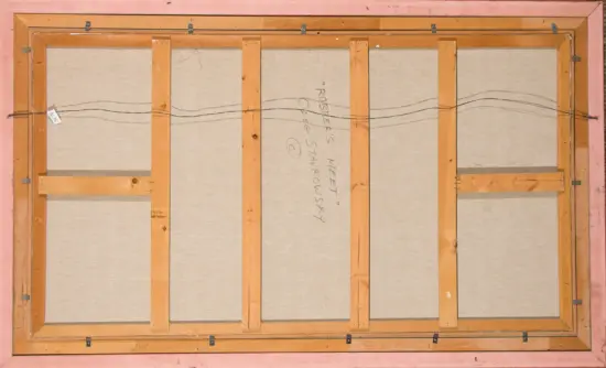 Back of a stretched canvas on a wooden frame, with a pink outer border and handwritten notes along the center.