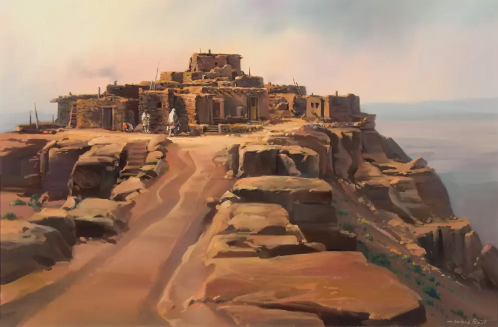 Stone village built on a rocky cliff, with a winding dirt path leading to the huts and a calm sea in the distance, bathed in warm light.