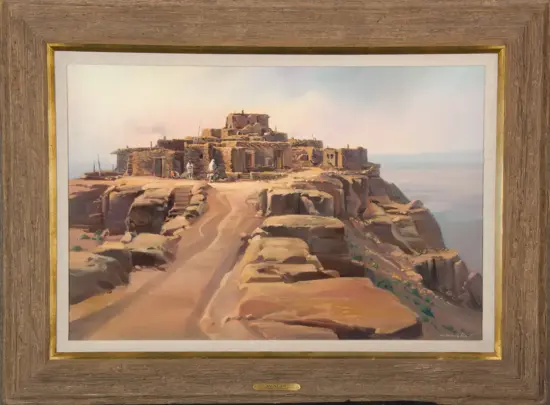Rocky cliff-top ruin with a dirt path leading to weathered stone buildings overlooking the sea behind.