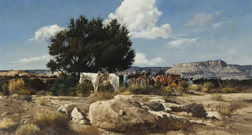Desert landscape painting with riders and horses gathered under a large tree, rocky foreground and distant mesas under a blue sky.