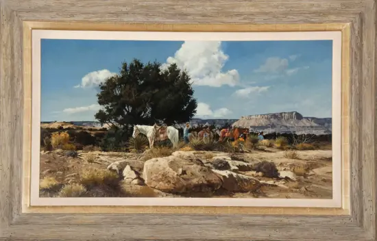 Desert landscape painting with a large tree, a group of riders on horseback near the foreground, and a mesa in the distance.