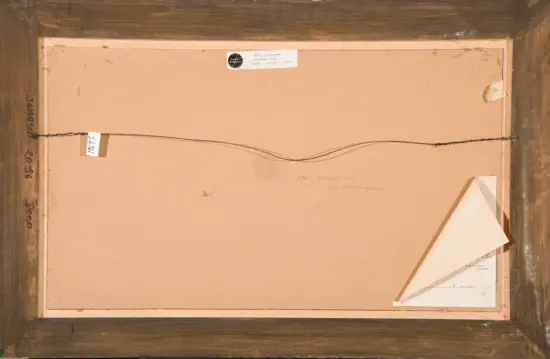 Back of a framed painting with a wire hanger across the back, beige backing, and a small gallery label in the center; handwritten notes along the left edge and bottom right corner with a folded corner of the backing visible.