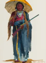 Watercolor painting of a Native American elder in colorful clothes, holding a long staff and a yellow parasol.