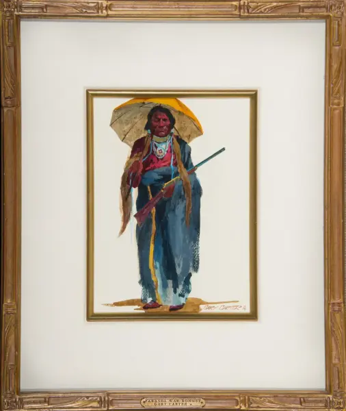 Framed painting of a Native American man holding a rifle under a yellow parasol, wearing colorful traditional clothing.