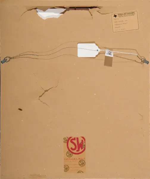 Back of a framed artwork with a hanging wire, white and brown tags, and a stamped gallery label reading Texas Art Gallery on a cracked cardboard backing.