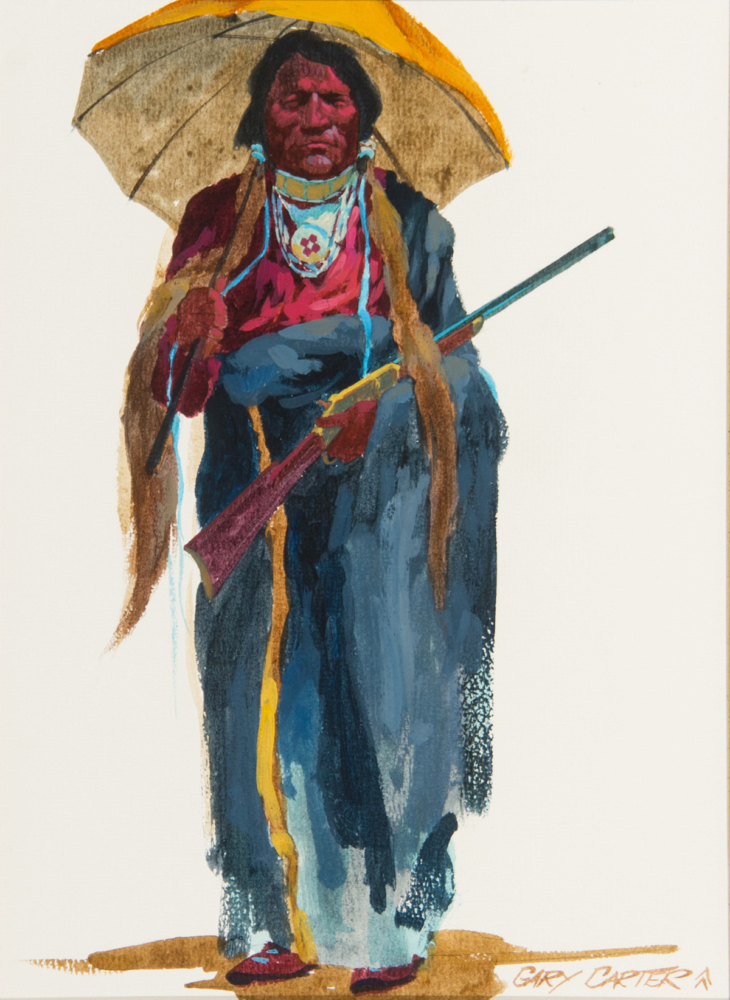 A full-length painting of a Native American man in traditional dress, holding a rifle and a yellow parasol.