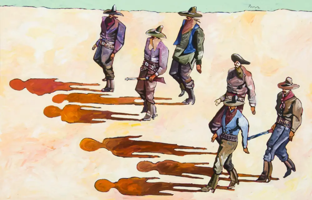 Group of cowboys walking in a pastel desert landscape, with wide hats, colorful scarves, and long orange shadows behind them (stylized painting).