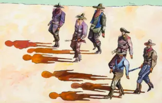 Group of cowboys walking in a pastel desert landscape, with wide hats, colorful scarves, and long orange shadows behind them (stylized painting).
