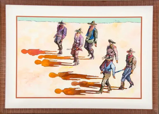 Framed painting of six cowboys in hats walking across a sandy desert with long orange shadows behind them.