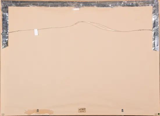 Back of a framed artwork with a hanging wire and foil-taped edges.