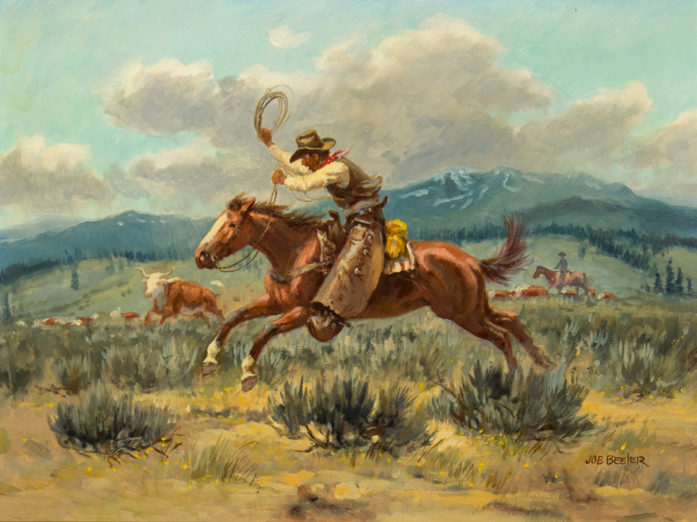 Cowboy on a galloping horse throwing a lasso across a grassy plain with cattle and distant mountains under a blue sky.