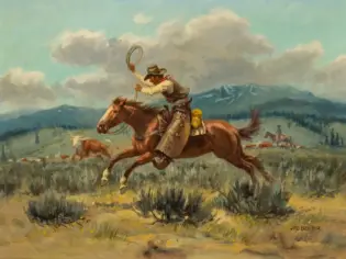 Cowboy on a galloping horse roping a lariat in a western prairie with cattle and distant mountains; bright blue sky and scattered clouds