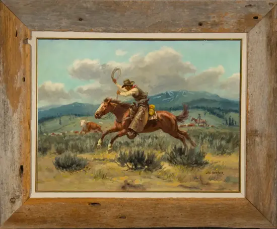 Cowboy on a bucking brown horse lassoing in a western landscape with cattle and distant mountains under a blue sky.