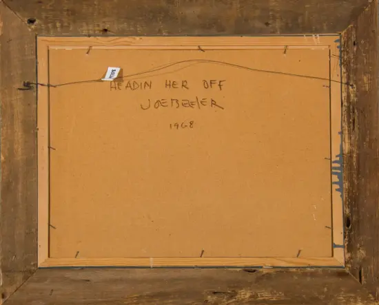 Back of a framed canvas with hanging wire; handwritten title reads 'Heading Her Off' and year 1968.